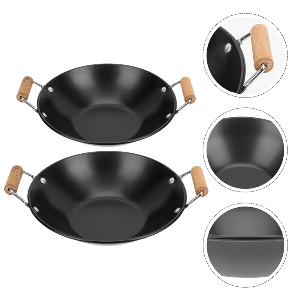 DOITOOL 2PCS Wok Pan Nonstick, Carbon Steel Flat Bottom Wok with Wooden Handles, Chinese Wok for Electric, Gas, Halogen, Restaurant Kitchen