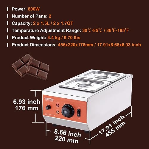 VEVOR Chocolate Tempering Machine, 9 Lbs 2 Tanks Chocolate Melting Pot with TEMP Control 86~185℉, 800W Stainless Steel Electric Commercial Food Warmer For Chocolate/Milk/Cream Melting and Heating