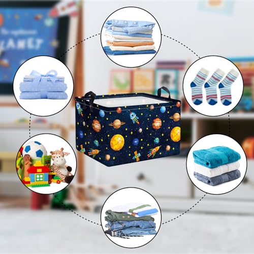 Clastyle Black Outer Space Planet Shelf Basket Cosmic Rocket Stars Toy Nursery Storage Bin Foldable Rectangle Clothes Books Storage Cube, 21 L