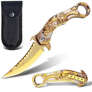 madsmaug pocket knife, 9cr18mo blade pocket folding knife with sheath, cool 3d dragon edc knife, great gift pocket knife for men outdoor survival camping (gold)