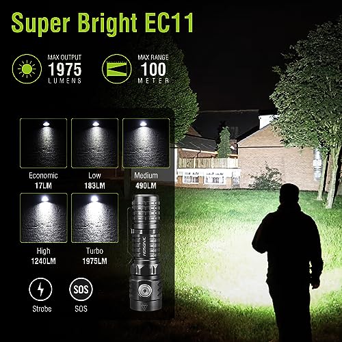 HOSONIC EC11 Rechargeable Mini Flashlight with Magnet, 1975 Lumens Pocket EDC Flashlights, 7 Modes Super Bright Small LED Flash Light with Clip, IP68 Waterproof