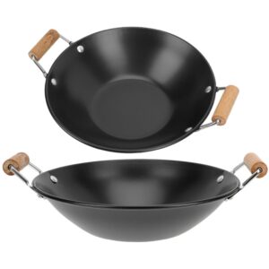 doitool 2pcs wok pan nonstick, carbon steel flat bottom wok with wooden handles, chinese wok for electric, gas, halogen, restaurant kitchen