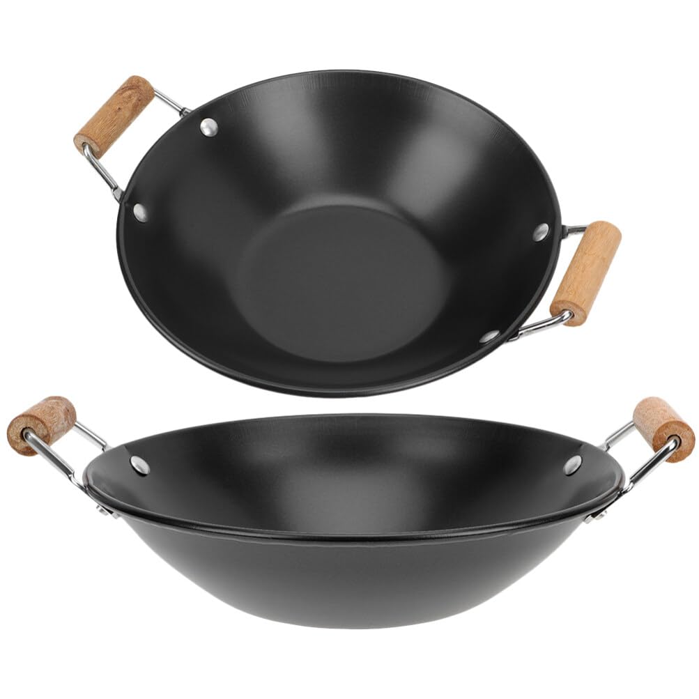 DOITOOL 2PCS Wok Pan Nonstick, Carbon Steel Flat Bottom Wok with Wooden Handles, Chinese Wok for Electric, Gas, Halogen, Restaurant Kitchen