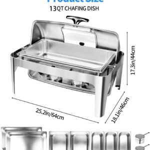 Umisu 13 QT Roll Top Chafing Dish Buffet Set, Stainless Steel Food Warmer with Perspective Window for Parties, Birthday, Hotels and Weddings,1 Full&2 Half&3 Third Size Food Pan and 1 Water Pan