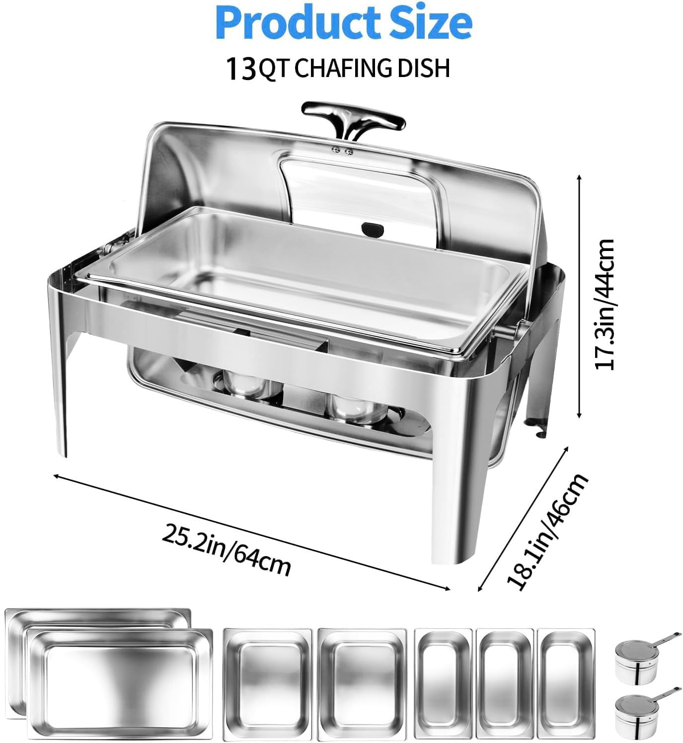 Umisu 13 QT Roll Top Chafing Dish Buffet Set, Stainless Steel Food Warmer with Perspective Window for Parties, Birthday, Hotels and Weddings,1 Full&2 Half&3 Third Size Food Pan and 1 Water Pan