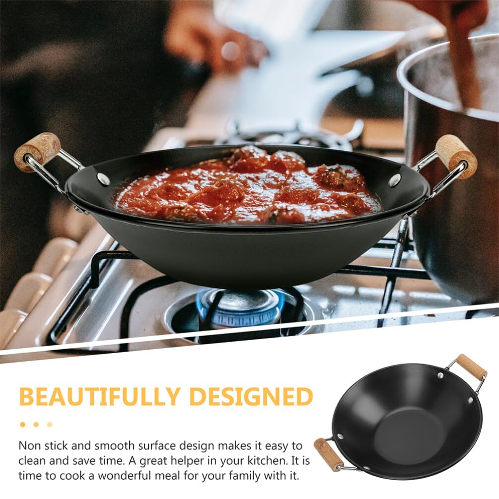 DOITOOL 2PCS Wok Pan Nonstick, Carbon Steel Flat Bottom Wok with Wooden Handles, Chinese Wok for Electric, Gas, Halogen, Restaurant Kitchen