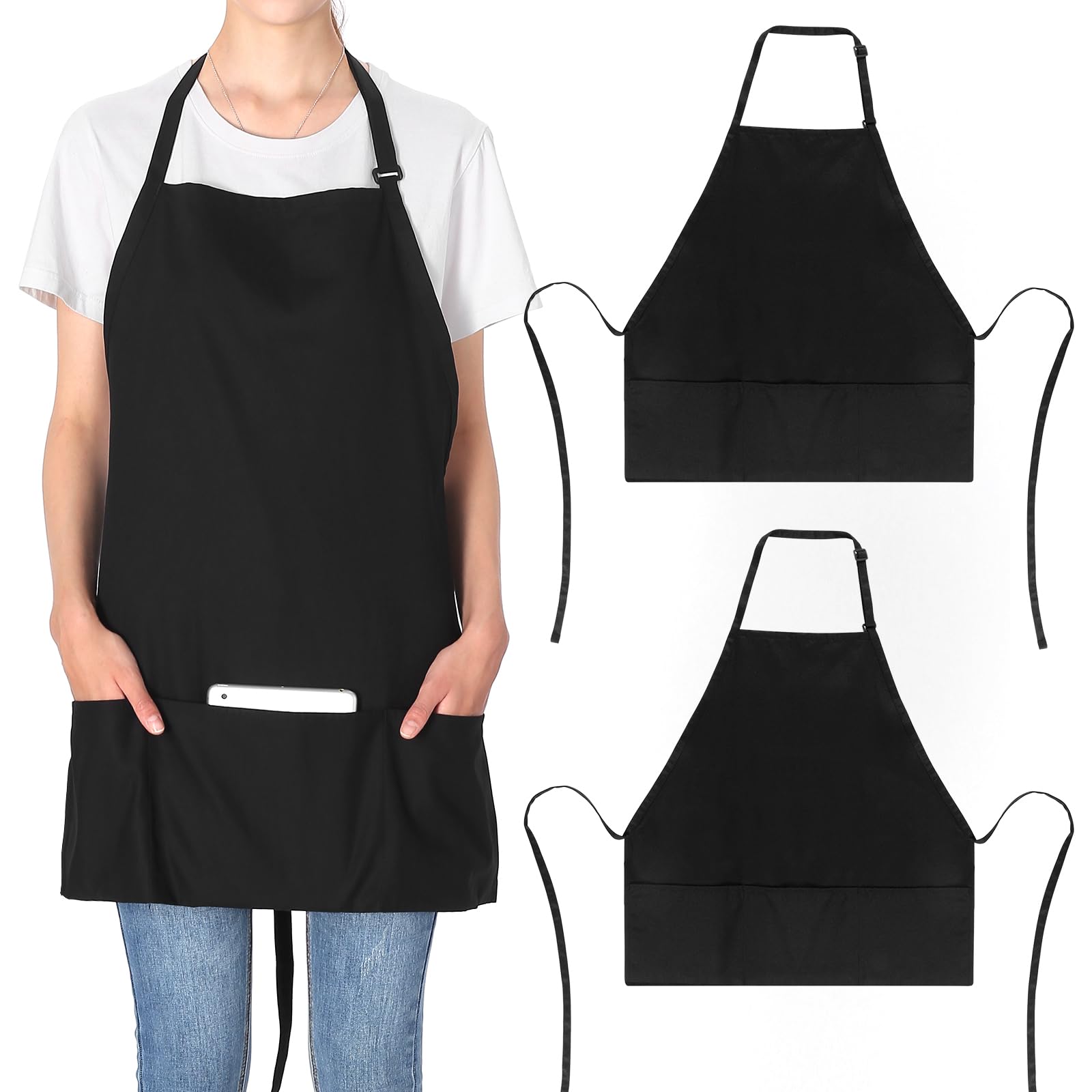 Jubatus 2 Pack 3 Pockets Adjustable Bib Apron 65% Polyester 35% Cotton Fabric Chef Kitchen Cooking Aprons for Women Men, Black