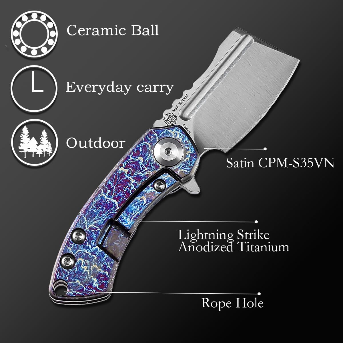 KANSEPT Pocket Knives Mini Korvid Cleaver Mini Pocket Knife for Men Stain S35VN Blade Lightning Strike Anodized Titanium Handle,EDC Folding Knife, Flipper for Everyday Carry K3030A8