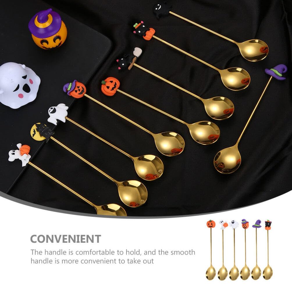 Spoons 6pcs Halloween Spoons Pumpkin Witch Hat Ghost Spoons Dessert Spoon Coffee Spoon Ice Cream Spoon Tea Spoon Mixing Spoons for Halloween Home Party Golden Serving Utensils