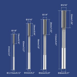 Mriuuod Chucking Reamer Set, 1/8" 3/16" 1/4" 5/16" Reamer, H7 Straight Flutes Lathe Machine Reamer, High Speed Steel Round Shank Milling Cutting Tool Reamer for Bore Machining 4pcs