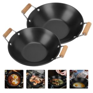 DOITOOL 2PCS Wok Pan Nonstick, Carbon Steel Flat Bottom Wok with Wooden Handles, Chinese Wok for Electric, Gas, Halogen, Restaurant Kitchen