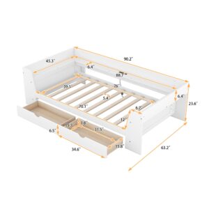 Harper & Bright Designs Twin Size Daybed with 2 Storage Drawers and Charging Station, Wood Twin Platform Bed Frame with USB Ports and Shelves, Twin Storage Bed for Kids Boys Girls Teens Adults,White