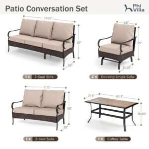 PHI VILLA Patio Furniture Set, 5 Pieces Outdoor Metal Wicker Conversation Sofa Set for Backyard w/Coffee Table, Seat Cushions