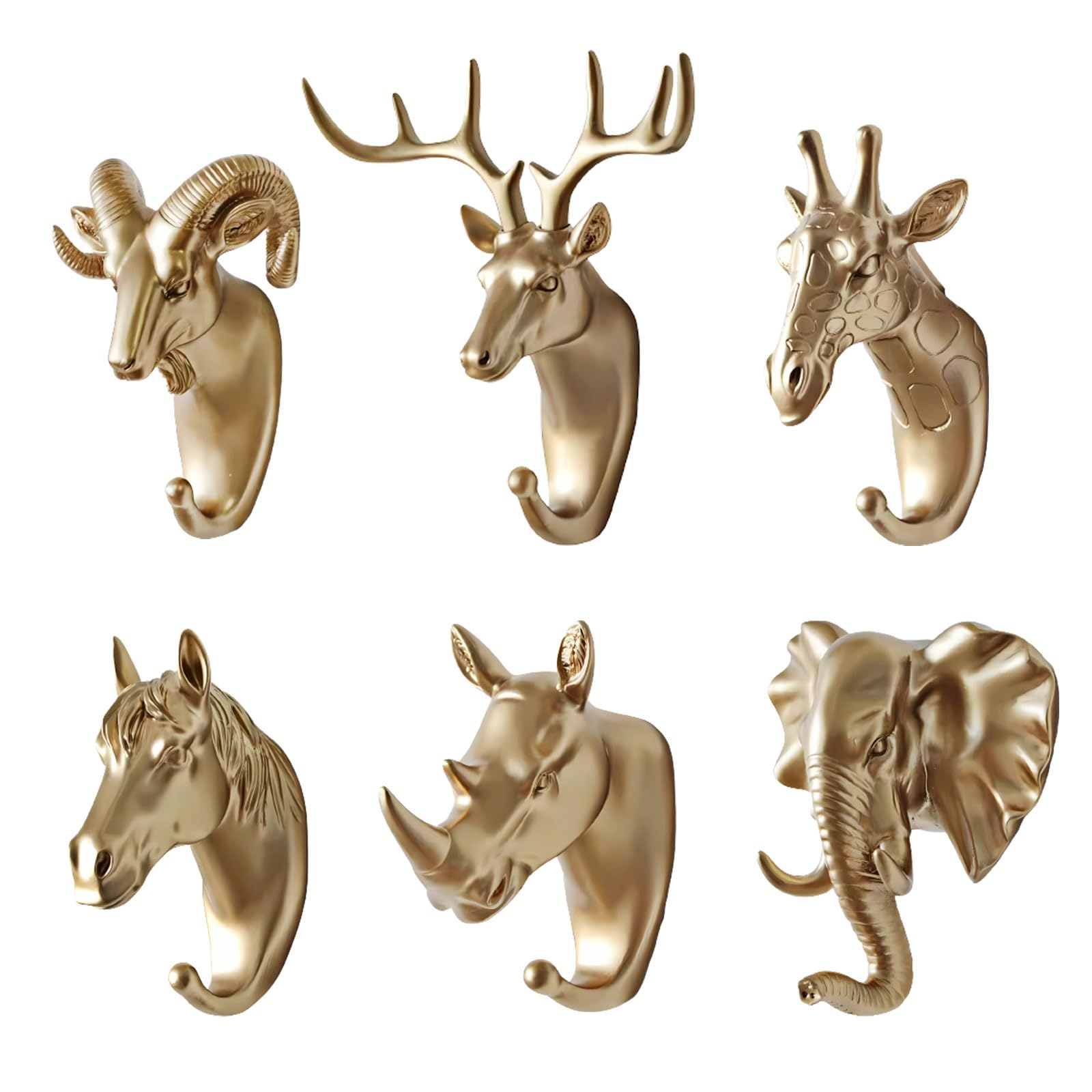 LDZBUOM 6 Pack Creative Wall Hooks,Antlers,Elephant, Rhino, Horse, and Sheep Single Wall Hook,Hooks Wall Mounted for Coat, Bag, Towel, Key, Mounted Coat Decorative Wall (Gold)