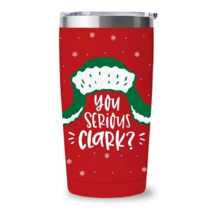 national lampoons christmas vacation merch gifts, funny christmas tumbler with lid and straw, 20 oz stainless steel insulated coffee cups keep cold & hot, white elephant gifts - you serious clark