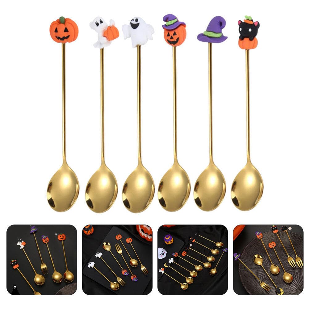 Spoons 6pcs Halloween Spoons Pumpkin Witch Hat Ghost Spoons Dessert Spoon Coffee Spoon Ice Cream Spoon Tea Spoon Mixing Spoons for Halloween Home Party Golden Serving Utensils