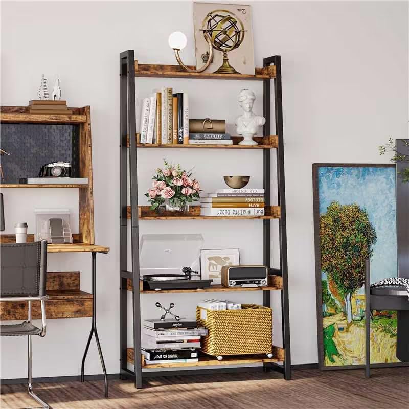 IRONCK Industrial Bookshelf 5-Tier 31.5 in Wide, Bookcase Ladder Shelf, Storage Shelves Rack Shelf Unit, Accent Furniture Metal Frame, Home Office Furniture for Bathroom, Living Room