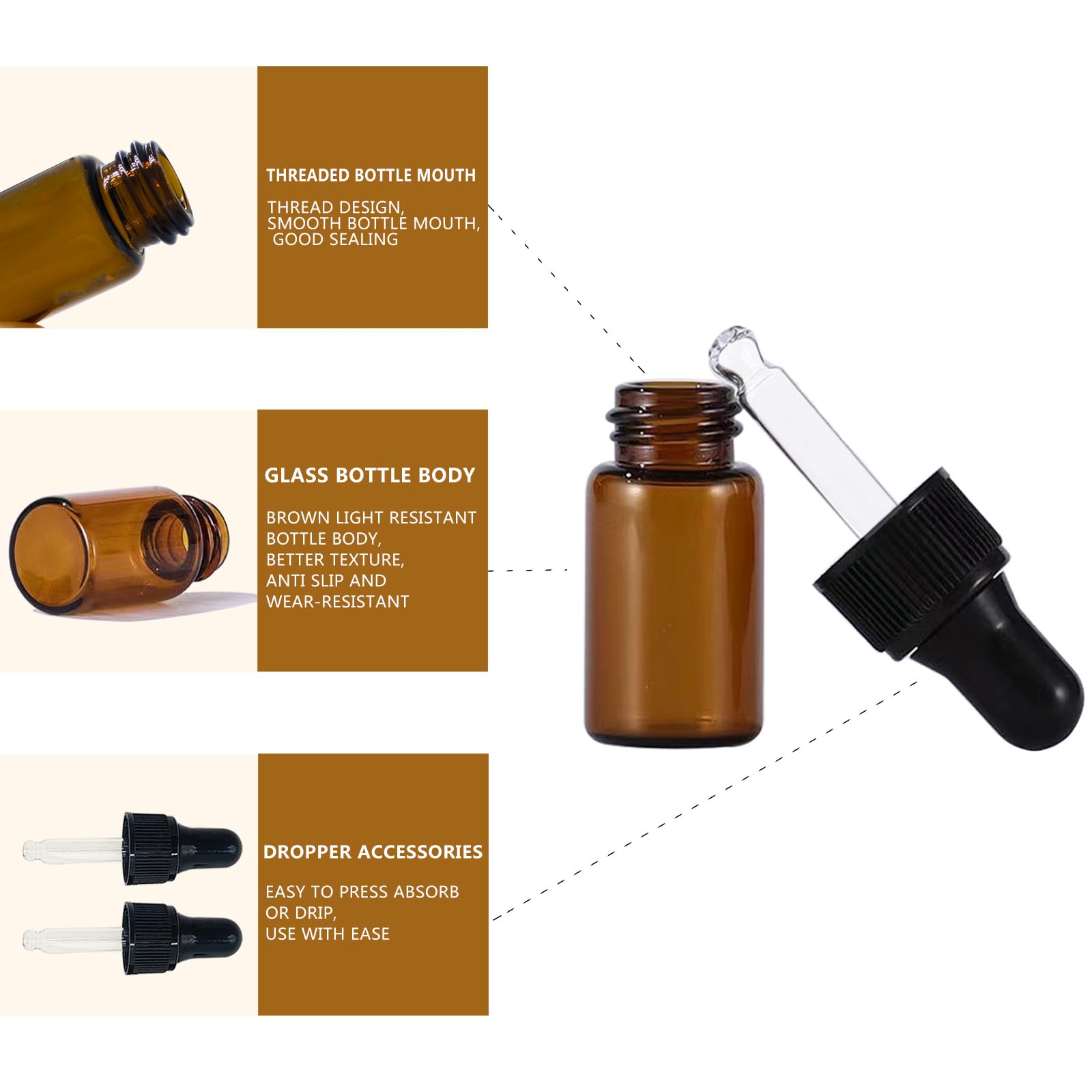 AGENIZ 50PCS Amber Mini Dropper Bottle 3ML Essential Oil Dropper Sample Bottle Glass Bottle with Dropper, Suitable for Essential Oil, Cosmetics, Travel Perfume