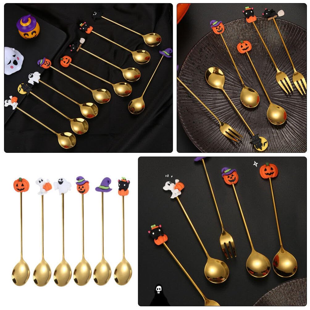 Spoons 6pcs Halloween Spoons Pumpkin Witch Hat Ghost Spoons Dessert Spoon Coffee Spoon Ice Cream Spoon Tea Spoon Mixing Spoons for Halloween Home Party Golden Serving Utensils