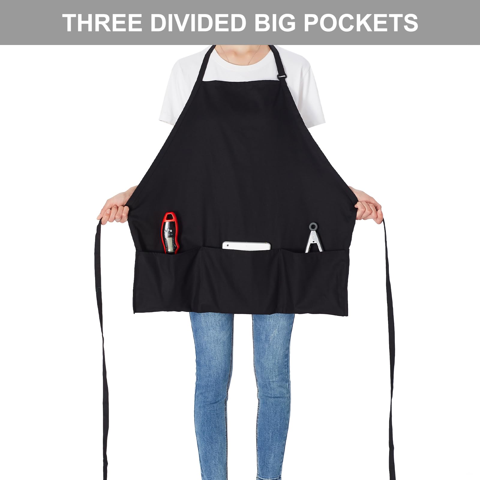 Jubatus 2 Pack 3 Pockets Adjustable Bib Apron 65% Polyester 35% Cotton Fabric Chef Kitchen Cooking Aprons for Women Men, Black