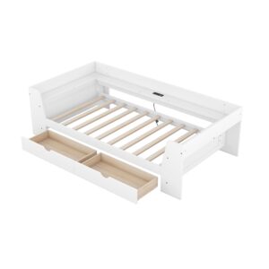 Harper & Bright Designs Twin Size Daybed with 2 Storage Drawers and Charging Station, Wood Twin Platform Bed Frame with USB Ports and Shelves, Twin Storage Bed for Kids Boys Girls Teens Adults,White