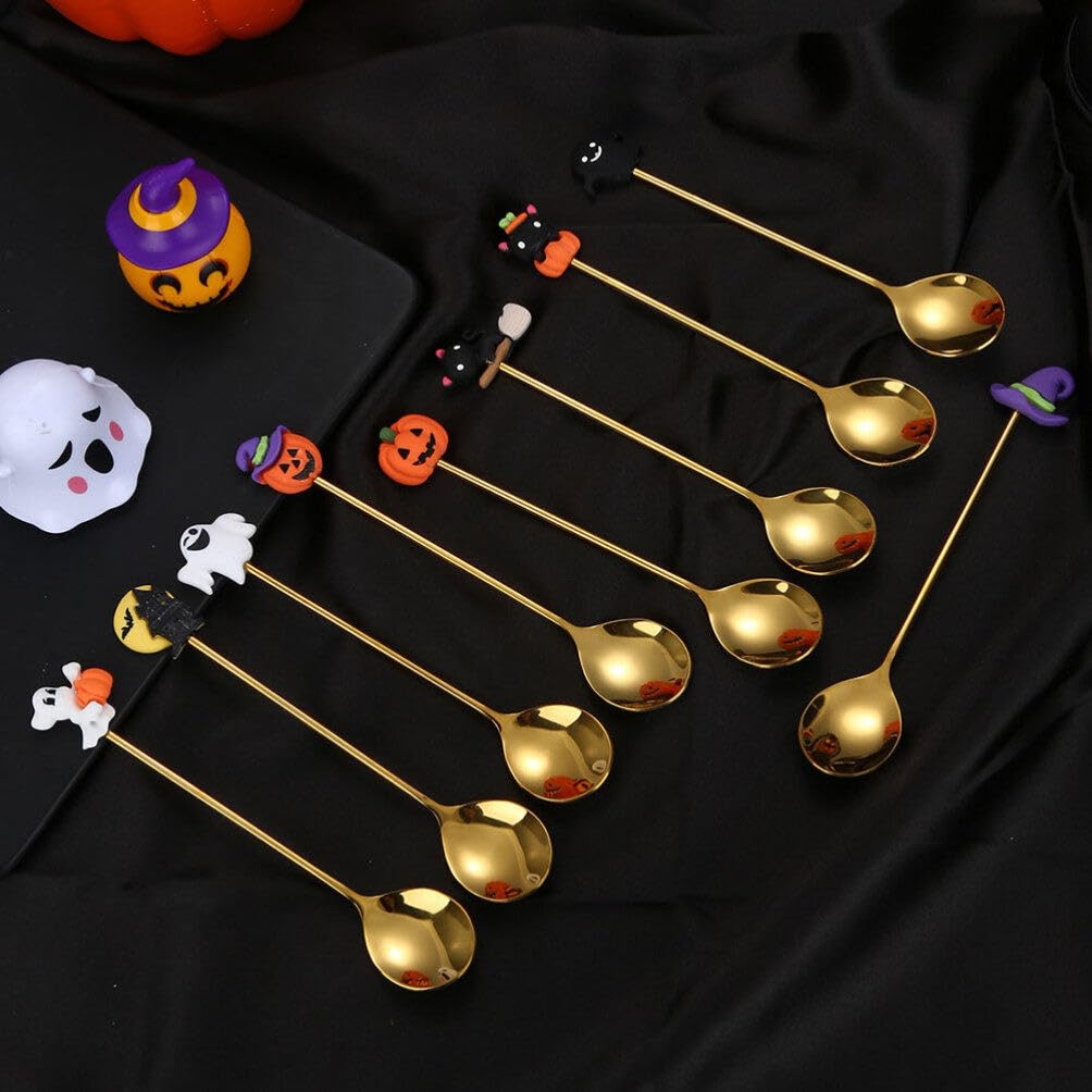 Spoons 6pcs Halloween Spoons Pumpkin Witch Hat Ghost Spoons Dessert Spoon Coffee Spoon Ice Cream Spoon Tea Spoon Mixing Spoons for Halloween Home Party Golden Serving Utensils