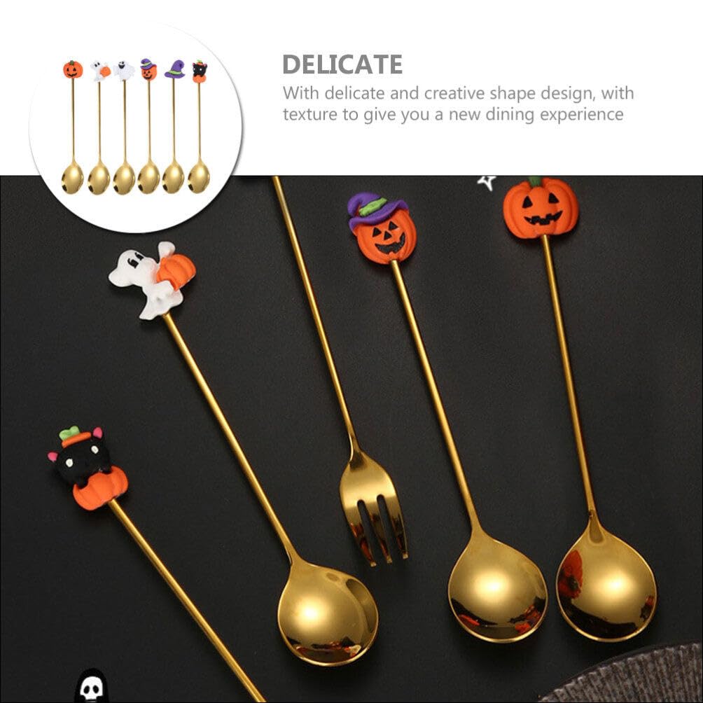 Spoons 6pcs Halloween Spoons Pumpkin Witch Hat Ghost Spoons Dessert Spoon Coffee Spoon Ice Cream Spoon Tea Spoon Mixing Spoons for Halloween Home Party Golden Serving Utensils