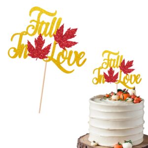 fall in love cake topper - glitter gold engagement cake topper,fall wedding, bridal shower decoration - fall leaves cake topper for autumn wedding anniversary party supplies