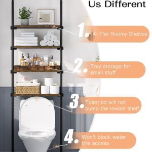 ALLZONE 4-Tier Over The Toilet Storage Shelf, Wood Bathroom Organizer Over Toilet Cabinet with Adjustable Shelf, Versatile Rack Fits Most Tight Space, Easy Assembly, 92" to 116" Height, Rustic Brown