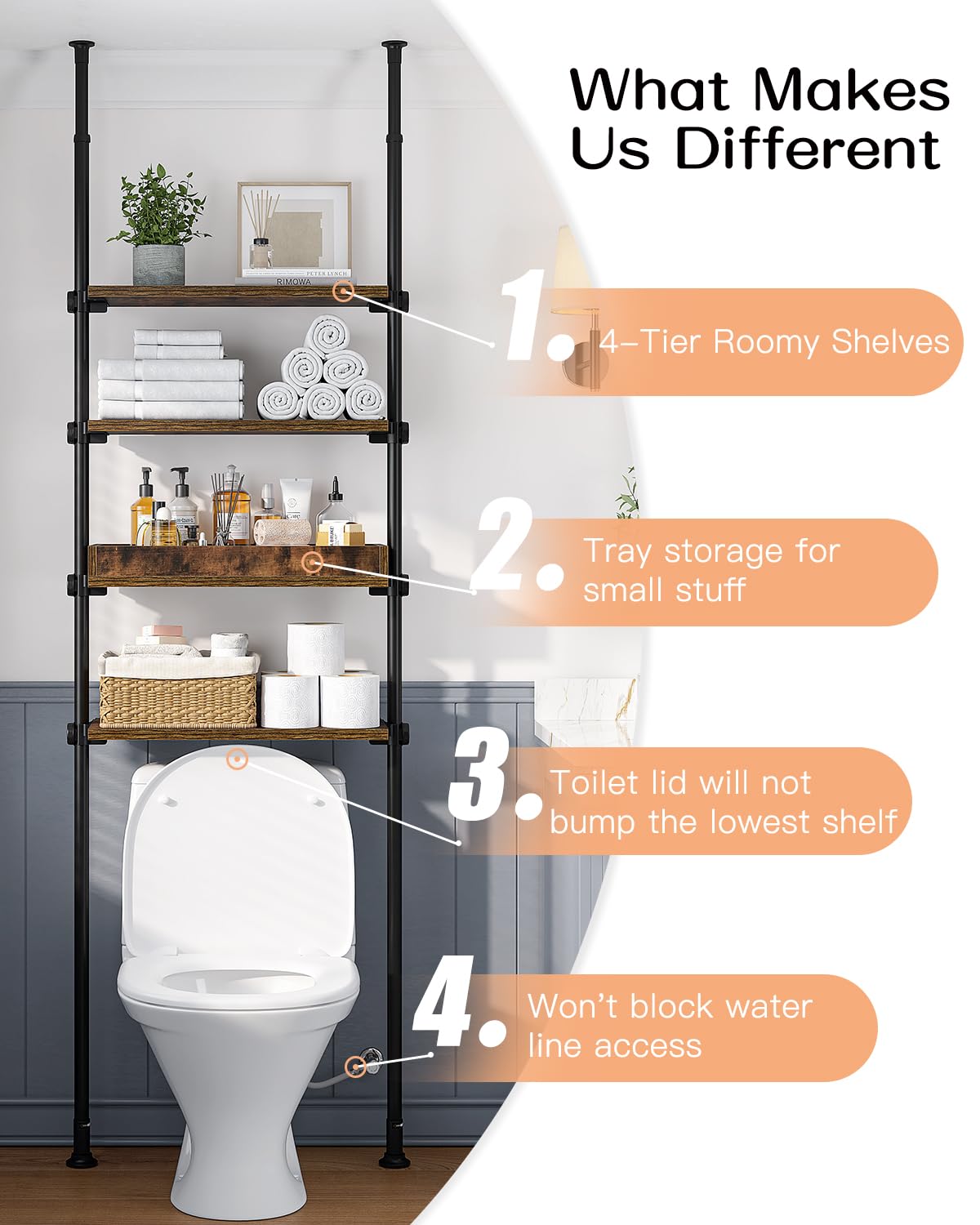 ALLZONE 4-Tier Over The Toilet Storage Shelf, Wood Bathroom Organizer Over Toilet Cabinet with Adjustable Shelf, Versatile Rack Fits Most Tight Space, Easy Assembly, 92" to 116" Height, Rustic Brown