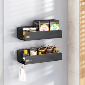 magnetic spice rack for refrigerator, magnetic shelf fridge spice rack organizer 2 pack with 8 hooks, moveable strong magnetic seasoning organizer and shelf for kitchen refrigerator microwave