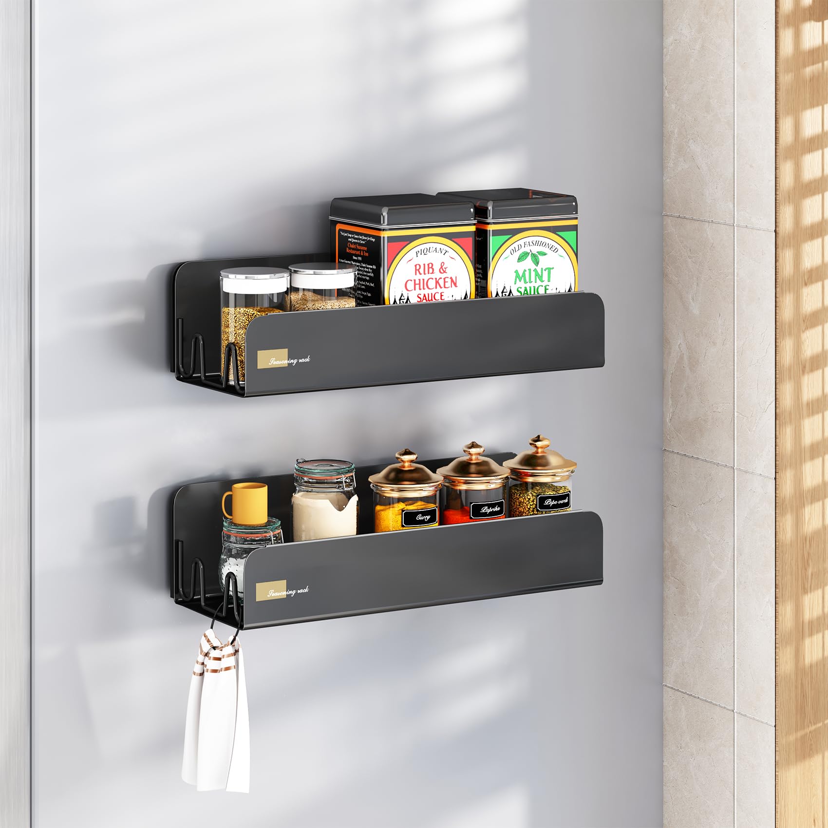 Magnetic Spice Rack for Refrigerator, Magnetic Shelf Fridge Spice Rack Organizer 2 Pack with 8 Hooks, Moveable Strong Magnetic Seasoning Organizer and Shelf for Kitchen Refrigerator Microwave