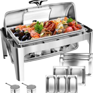 Umisu 13 QT Roll Top Chafing Dish Buffet Set, Stainless Steel Food Warmer with Perspective Window for Parties, Birthday, Hotels and Weddings,1 Full&2 Half&3 Third Size Food Pan and 1 Water Pan