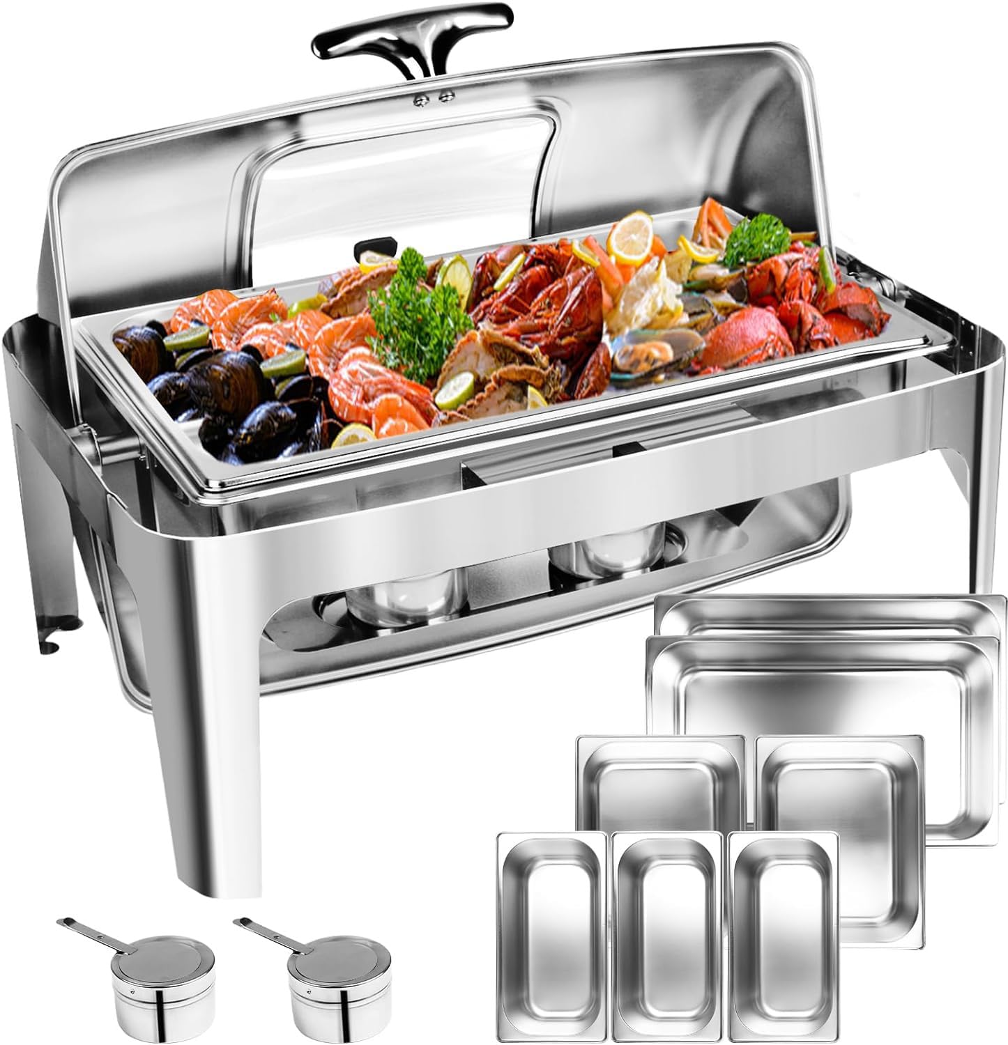 Umisu 13 QT Roll Top Chafing Dish Buffet Set, Stainless Steel Food Warmer with Perspective Window for Parties, Birthday, Hotels and Weddings,1 Full&2 Half&3 Third Size Food Pan and 1 Water Pan