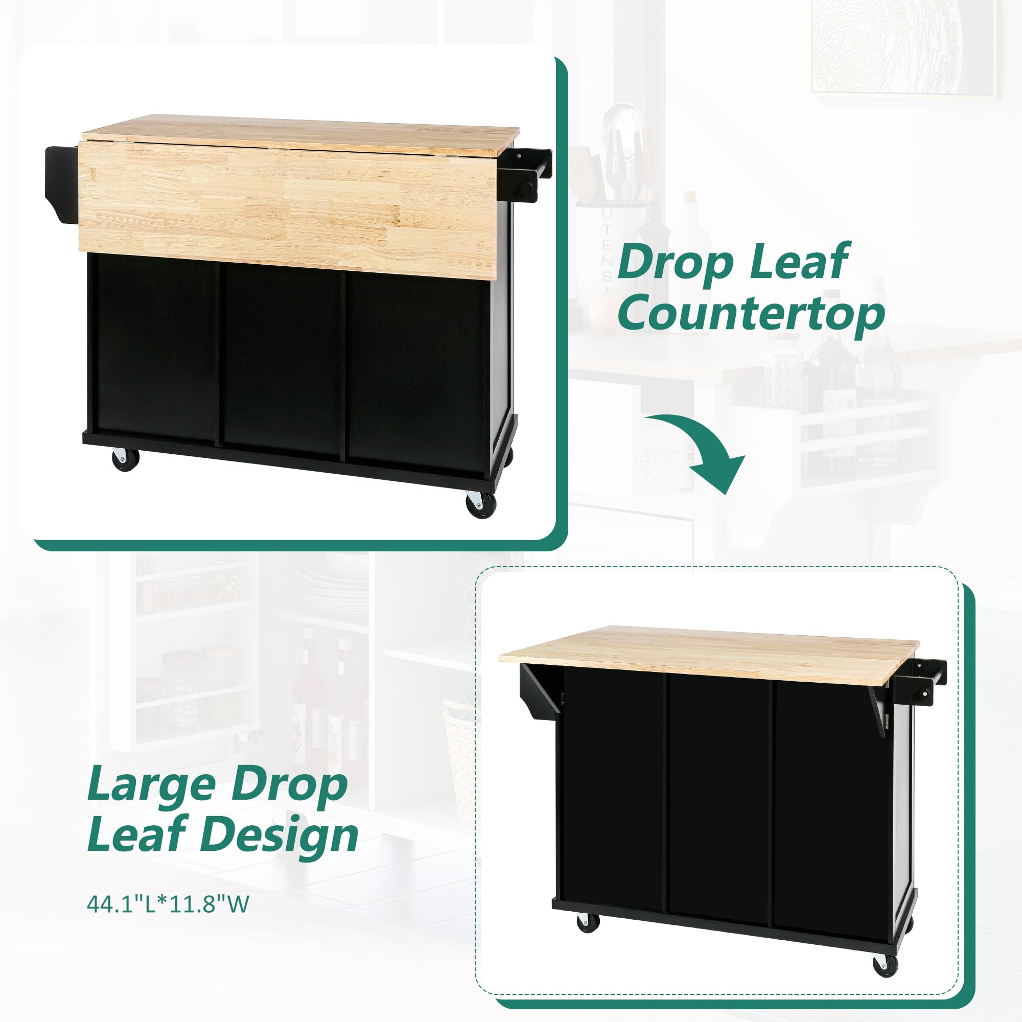 LUMISOL Kitchen Island on 5 Wheels with Wood Drop Leaf, Storage Cabinets and 3 Drawers, Rolling Kitchen Island Cart with Open Storage Shelves, Black