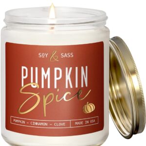 Pumpkin Spice Candle, Fall Candles - 'Pumpkin Spice' Pumpkin Candle, Autumn Scented Soy Candles for Home, Fall Scented Candles for Home, Fall Home Décor, 9oz Reusable Jar, 50Hr Burn, Made in USA