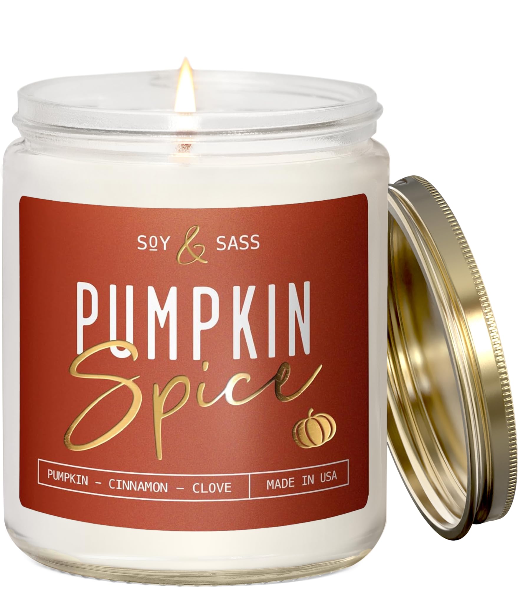 Pumpkin Spice Candle, Fall Candles - 'Pumpkin Spice' Pumpkin Candle, Autumn Scented Soy Candles for Home, Fall Scented Candles for Home, Fall Home Décor, 9oz Reusable Jar, 50Hr Burn, Made in USA