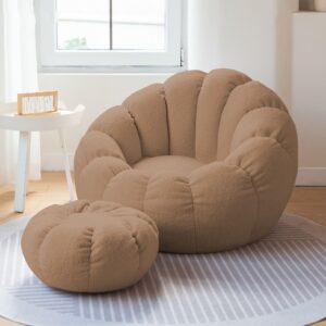 deshva stuffed animal bean bag storage chair, ultra soft memory foam bean bag chair, imitation teddy fur, washable, stuffable zipper beanbag cover for organizing plush toys,brass