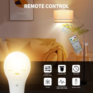 MXhme Rechargeable Light Bulbs with Remote Control,700lm,2600mAh Battery Emergency Light Bulb for Power Outage and Camping Outdoor, 3 Level Dimmable, 3000K/4000K/6000K, 50 Watt Equivalent,2Pack