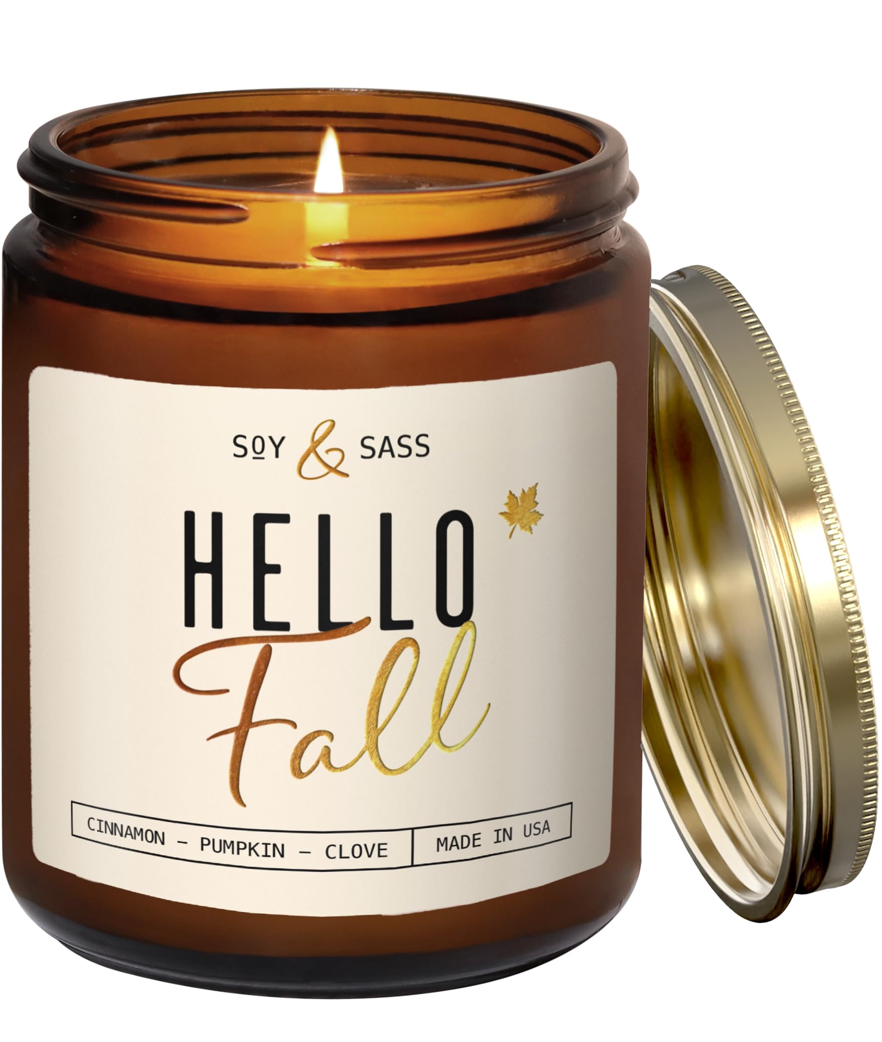 Fall Candles - 'Hello Fall Candle'' Autumn Scented Soy Candles for Home, Fall Scented Candles for Home, Fall Home Décor, 9oz Reusable Jar, 50Hr Burn, Made in USA