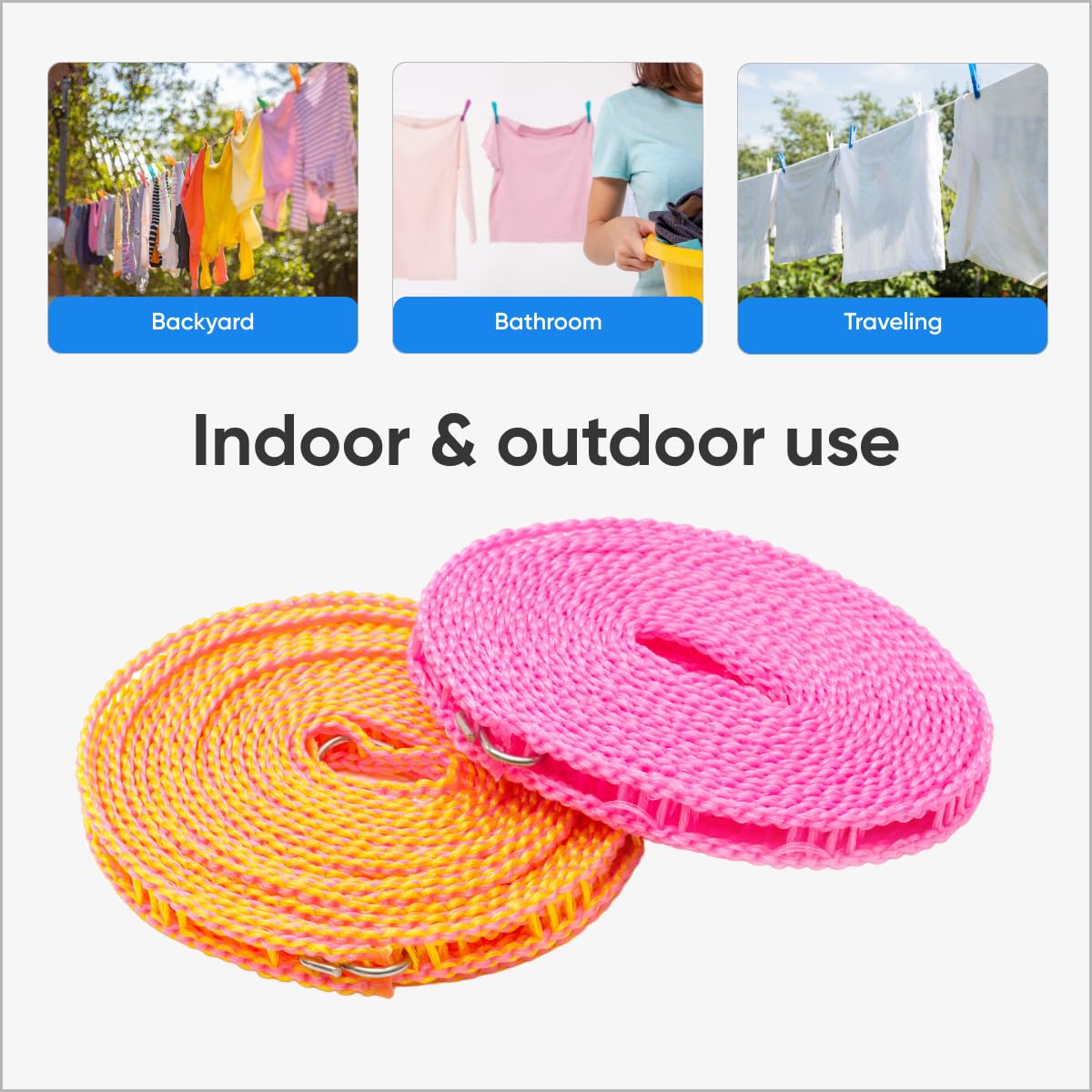 Clothes Line 16.4 Ft - Indoors & Outdoors Clothesline - Portable Laundry Line for Hanging Clothes - Windproof Rope with Hooks