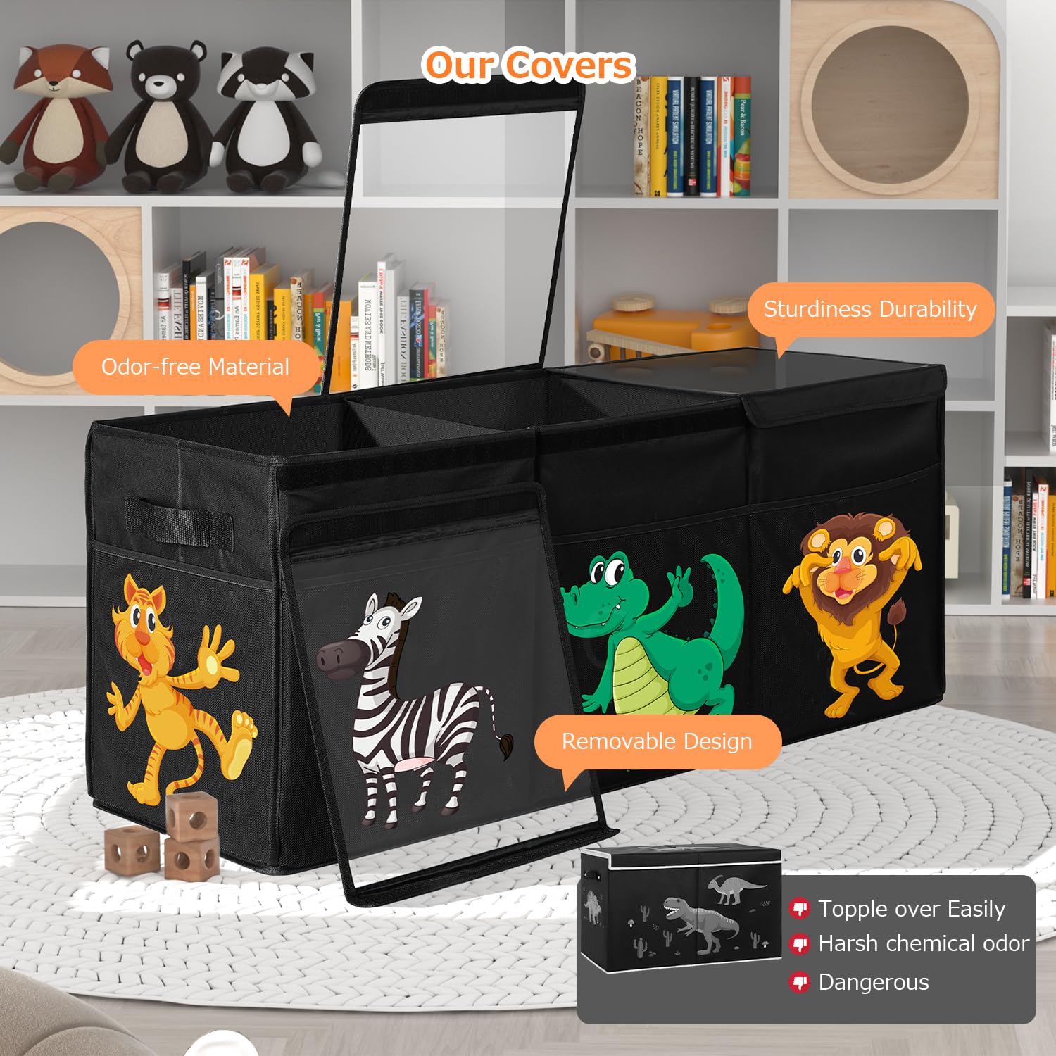 Extra Large Toy Box, Collapsible Sturdy Toy Storage Organizer with Lids, Dinosaur Toy Box for Boys Girls, 42"x16"x14" Kids Toy Chest Bin Box Baskets for Living Room, Playroom, Bedroom, Nursery, Black