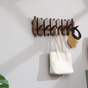 GOGREEBELL Natural Wood Wall Mounted Piano Coat Rack| Coat Rack Wall Mount| Flip Down Wall Hook Rack 7 Hooks| Entryway Wall Art Hook,Made of Acacia Wood (Wood Wax Oil Dyed Walnut Color).Wall Art