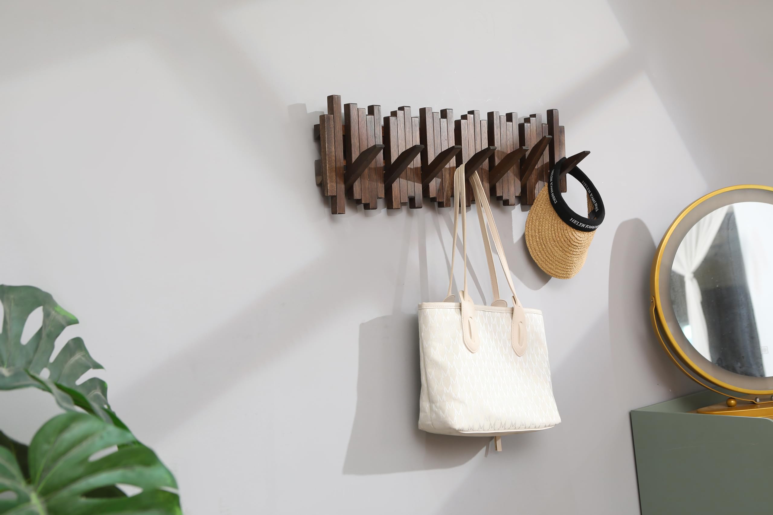 GOGREEBELL Natural Wood Wall Mounted Piano Coat Rack| Coat Rack Wall Mount| Flip Down Wall Hook Rack 7 Hooks| Entryway Wall Art Hook,Made of Acacia Wood (Wood Wax Oil Dyed Walnut Color).Wall Art