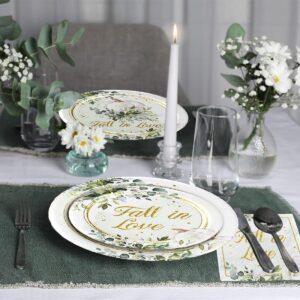 Fall in Love Bridal Shower Decorations Fall Bridal Shower Tableware-142pcs White Pumpkin Greenery Fall in Love Plates Napkins Tablecloth for Wedding Engagement Supplies