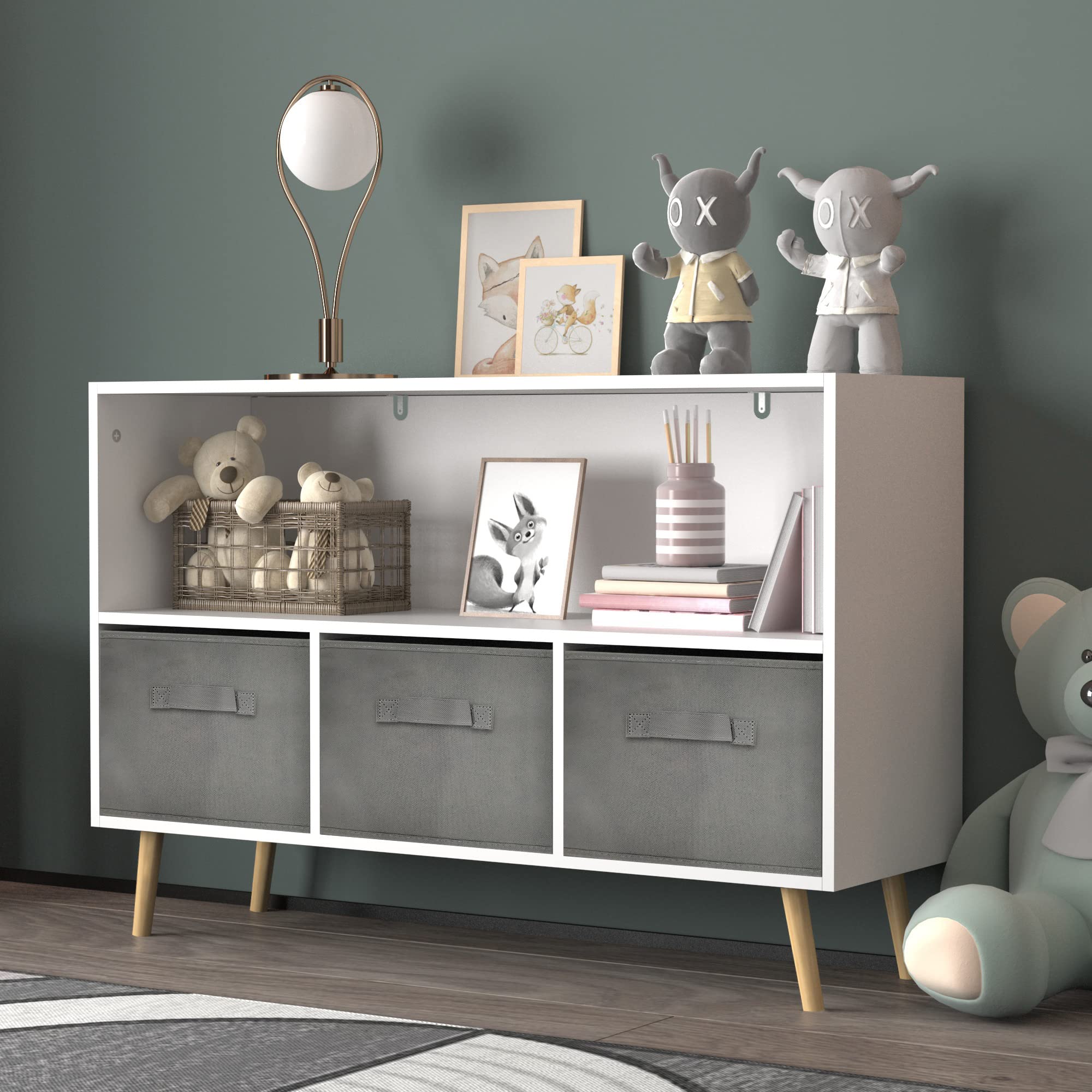 Senviy Kids Bookcase with 3 Fabric Drawers, Toy Storage Cabinet Organizer, Solid Wood Toddler Bookshelf for Boys & Girls, Grey