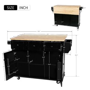 LUMISOL Kitchen Island on 5 Wheels with Wood Drop Leaf, Storage Cabinets and 3 Drawers, Rolling Kitchen Island Cart with Open Storage Shelves, Black