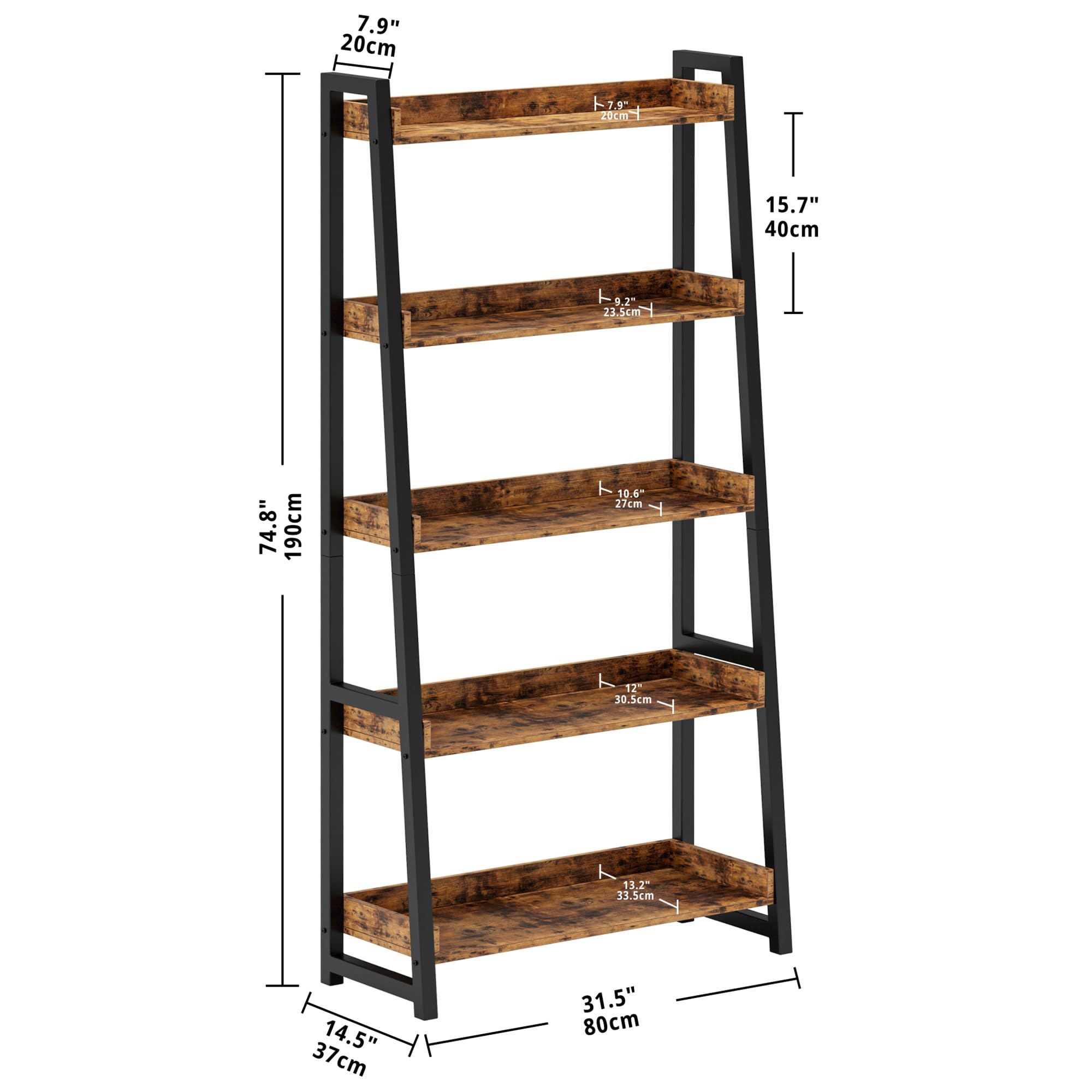 IRONCK Industrial Bookshelf 5-Tier 31.5 in Wide, Bookcase Ladder Shelf, Storage Shelves Rack Shelf Unit, Accent Furniture Metal Frame, Home Office Furniture for Bathroom, Living Room