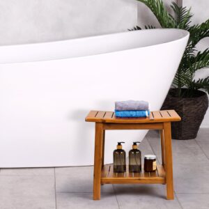 Upolana Teak Shower Bench, 20" Solid Wood Shower Stool Waterproof Shower Seat with Storage Shelf for Bathroom, Indoor & Outdoor Use