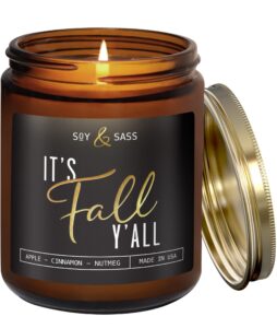 fall candles - 'it's fall yall' fall candle w/apple cinnamon & nutmeg i infused with essential oils i autumn fall scented candles i cozy cute fall décor fall gifts i 9oz jar i 50hr burn i made in usa